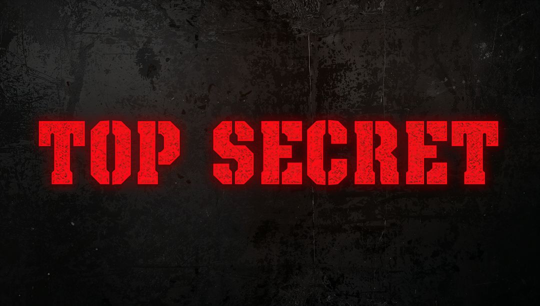 Displaying Red Stencil TOP SECRET Typography on Dark Grunge Metal Panel, Distressed Texture