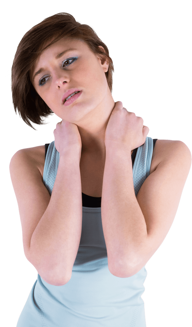 Woman Holding Neck due to Discomfort on Transparent Background