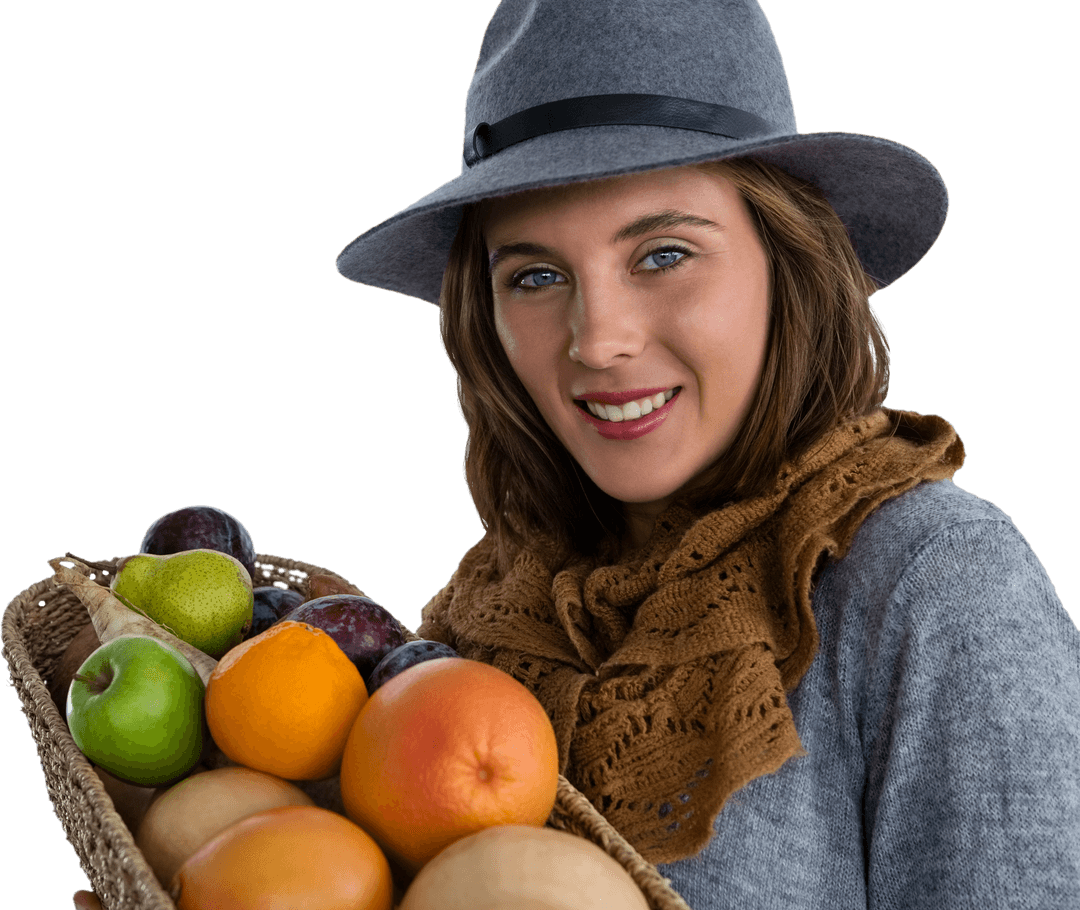 Woman Smiling with Fruit Basket Wearing Gray Hat on Transparent Background