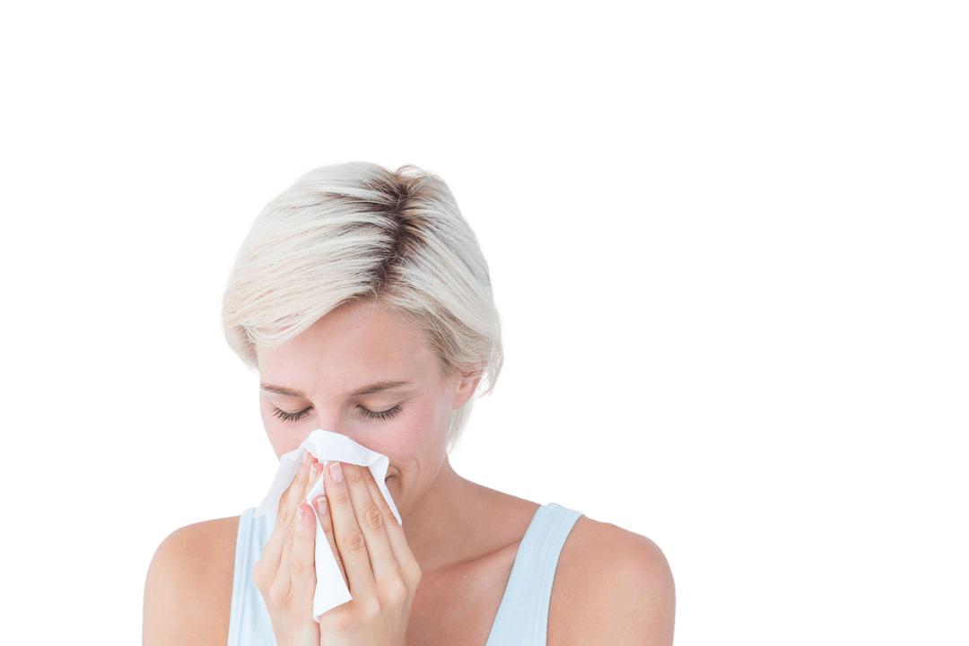 Blonde Woman Blowing Nose Transparent Background