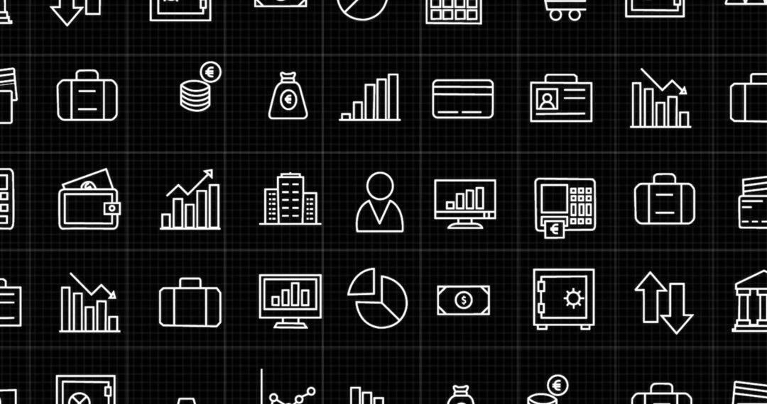 Business and Finance Icon Set on Black Grid Background