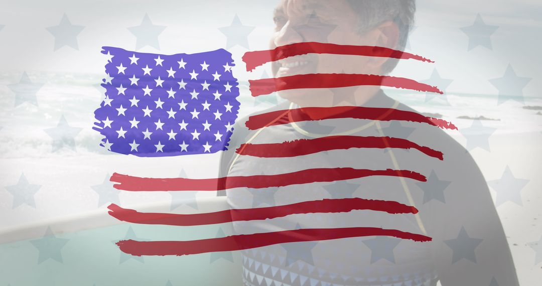 Senior Surfer with American Flag Overlay Embracing Coastal Adventure