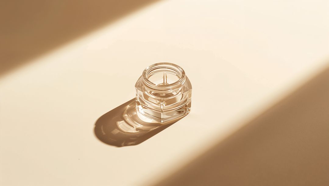 Minimalist Hexagonal Glass Jar with Elegant Shadows on Beige Surface
