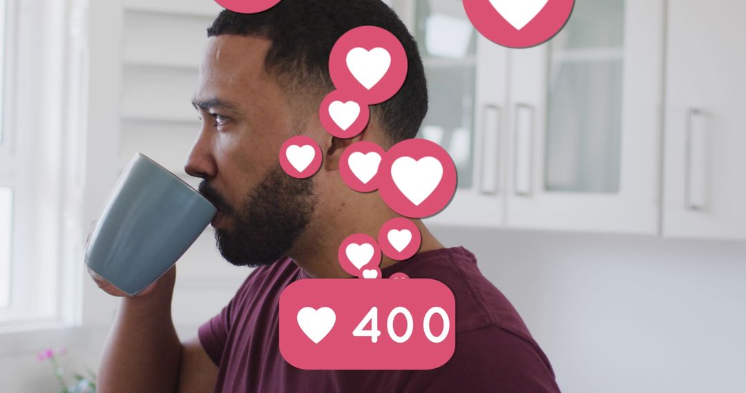 Man Enjoying Coffee Background with Virtual Social Media Engagement