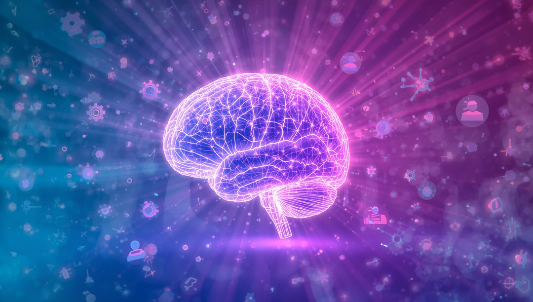 Futuristic Neon Wireframe Brain with Tech Symbols and Radial Beams