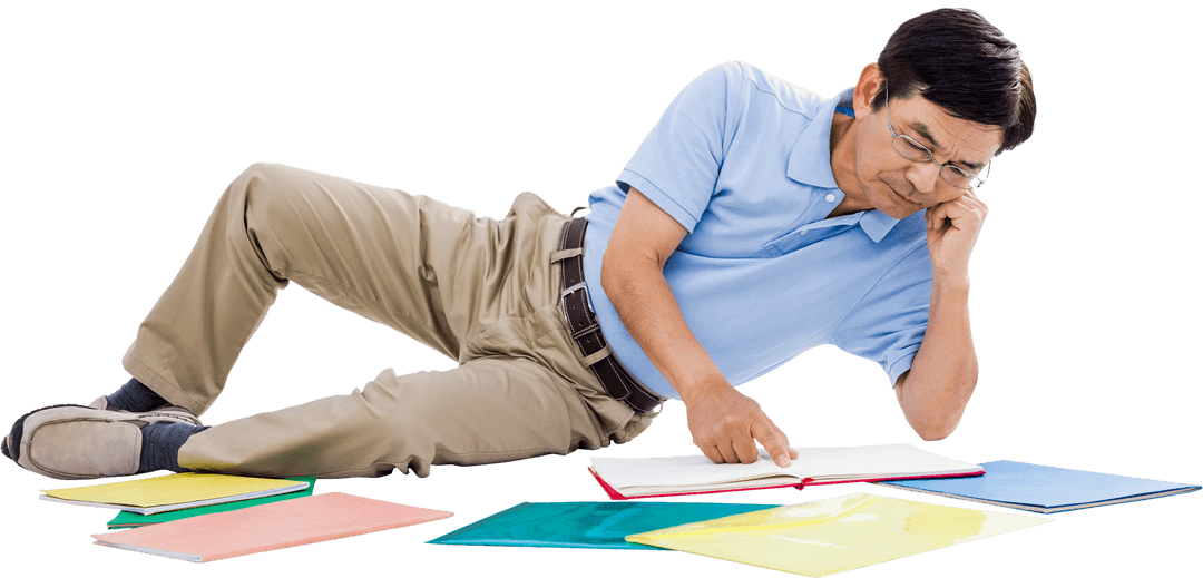 Relaxed Elderly Man Reading Books on Transparent Background
