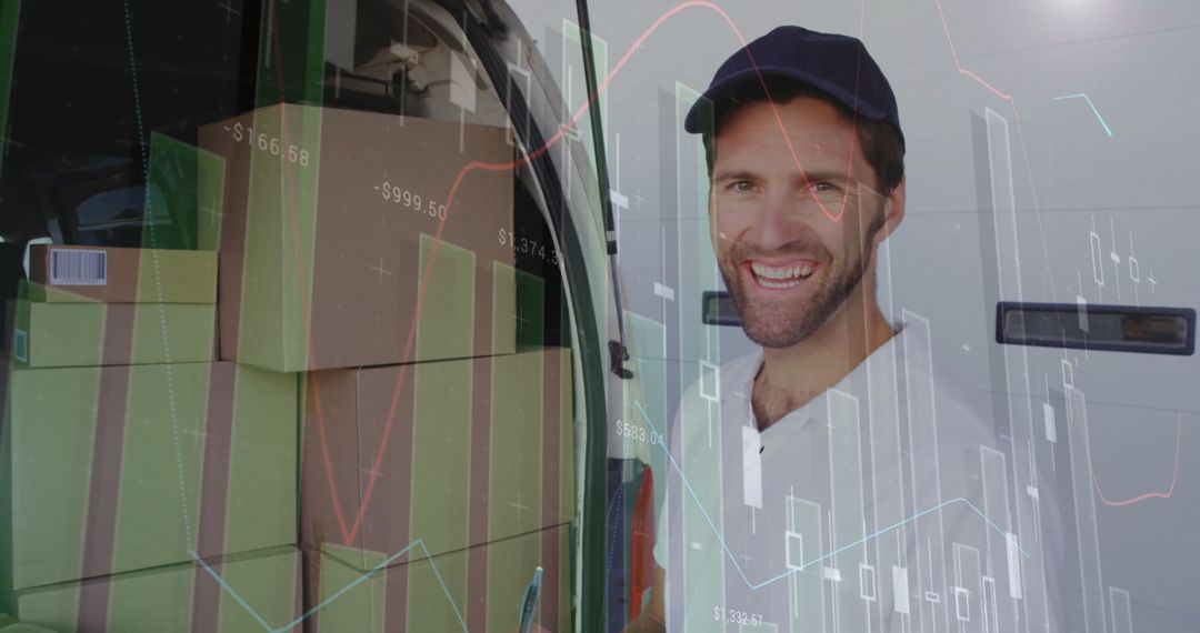 Delivery Man Overlaid with Financial Charts in a Technology Concept