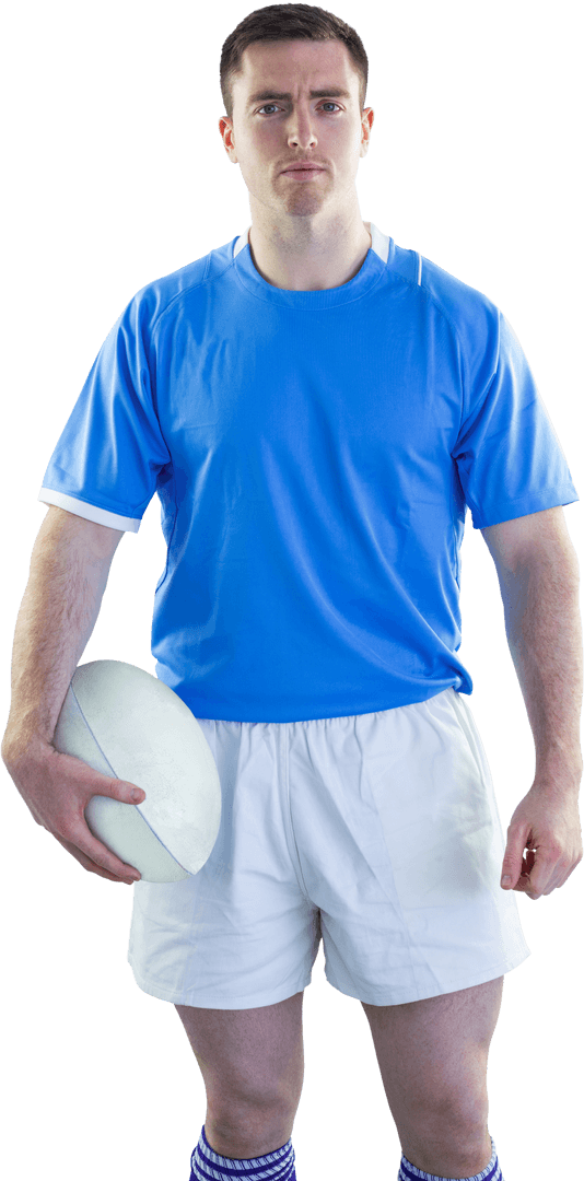 Confident Rugby Player Holding Rugby Ball Isolated on Transparent Background