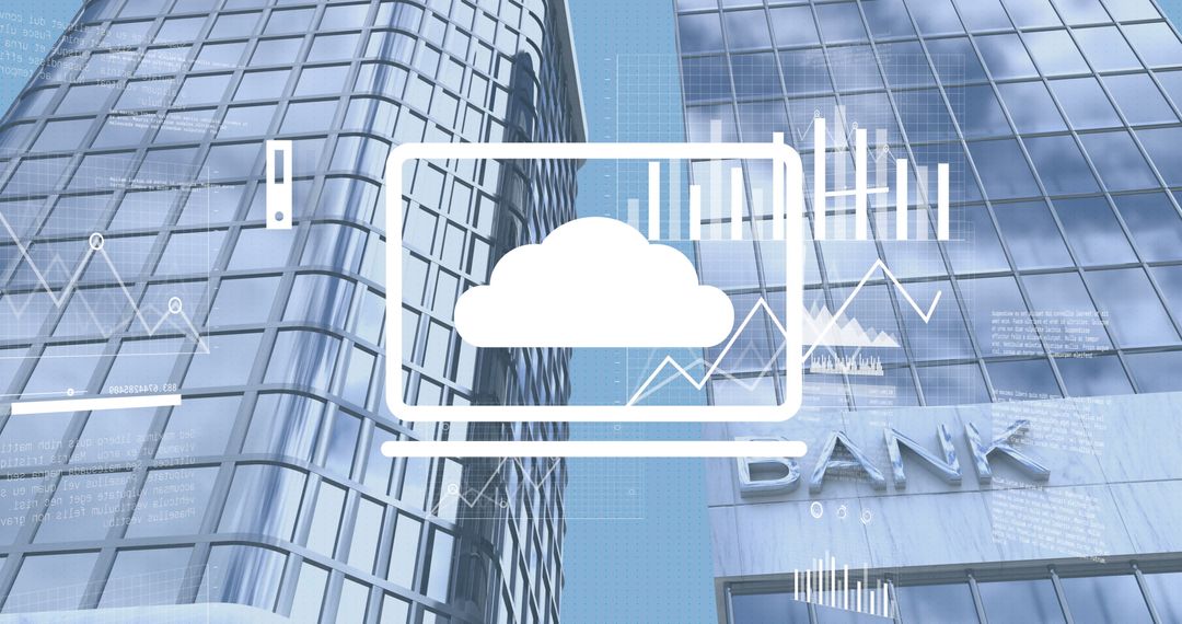 Digital Cloud Tech in Banking between Skyscrapers with Financial Data Overlay