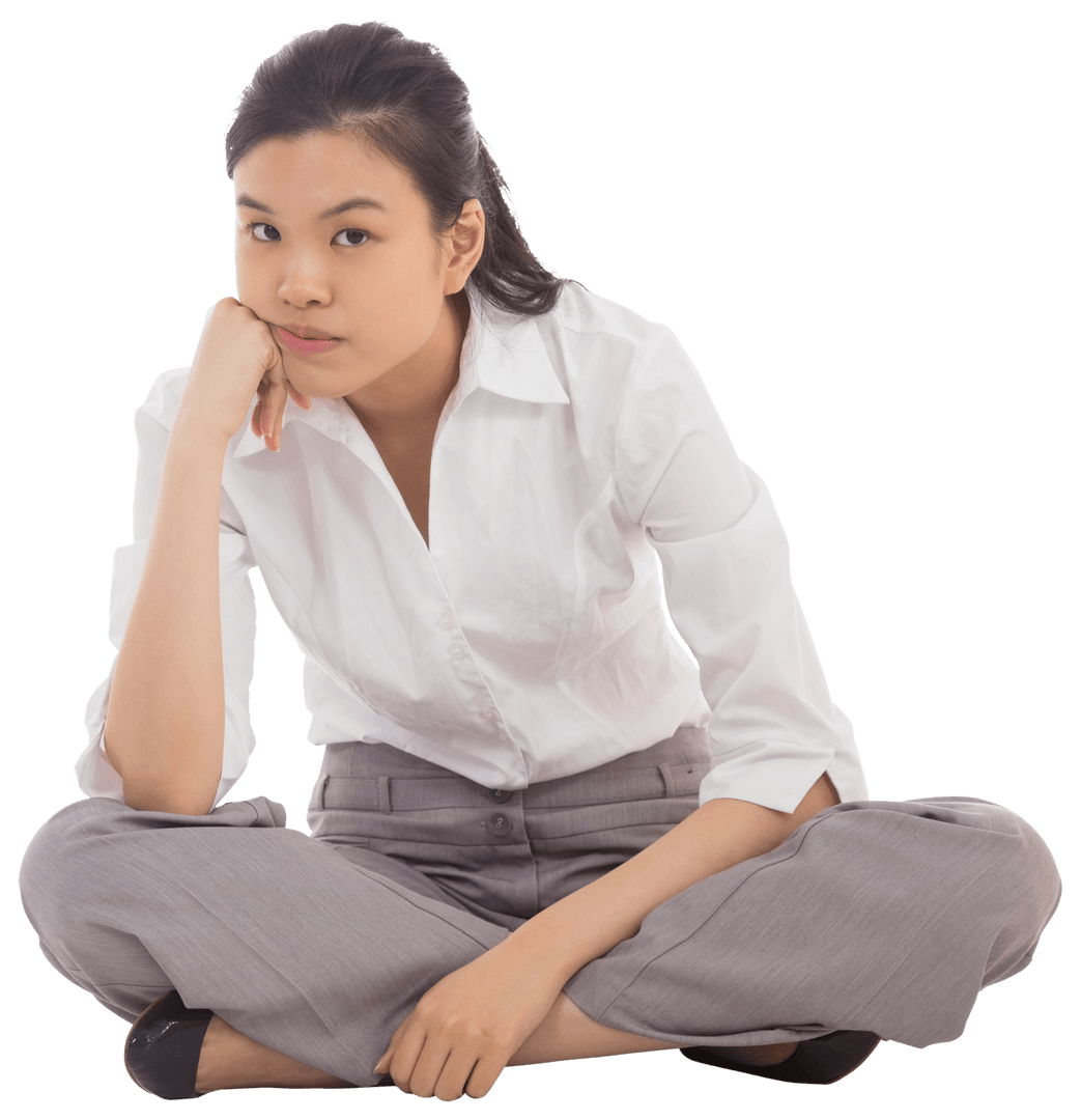 Transparent Grumpy Businesswoman Sitting Cross-Legged