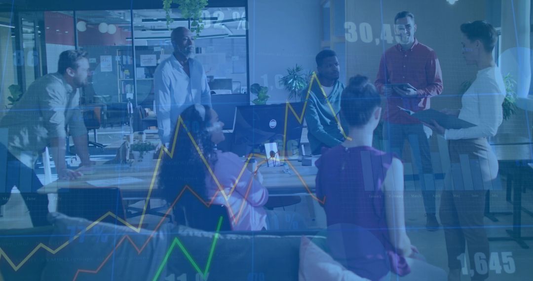 Business leader presenting analytics to team in office, discussing charts and collaboration