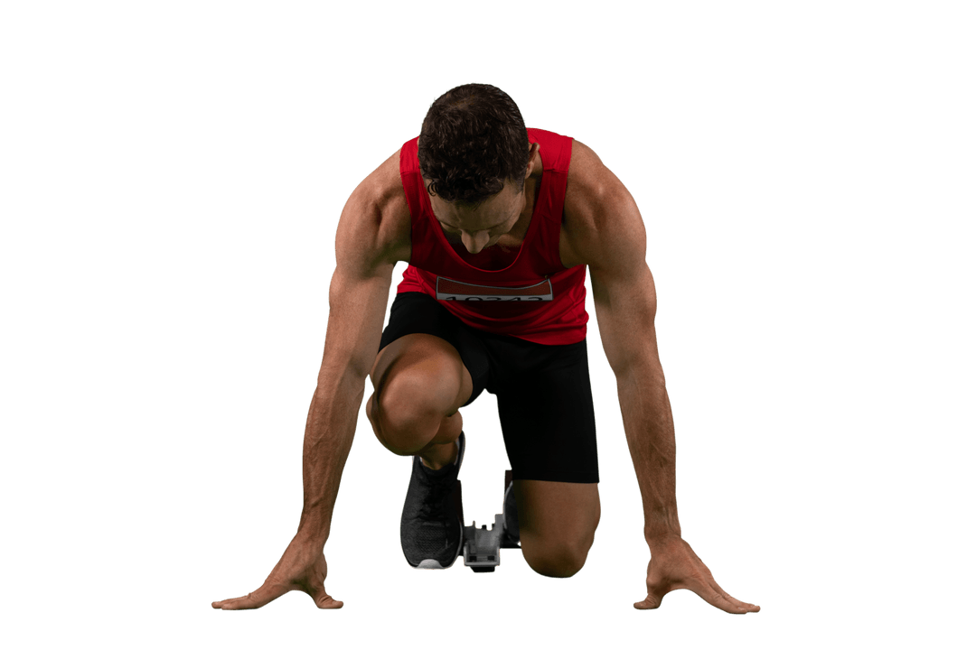 Athletic Male Runner Crouching on Transparent Background