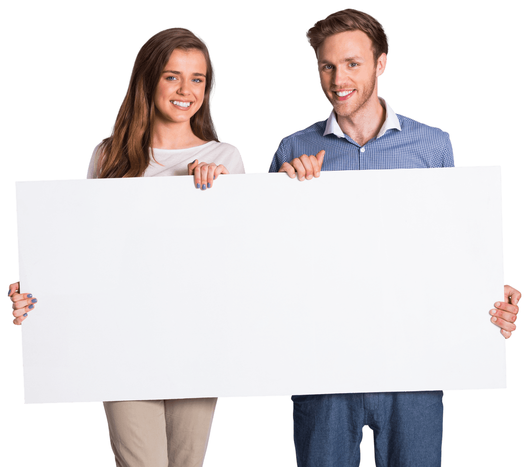 Smiling Couple Holding Large Blank Transparent Sign Board