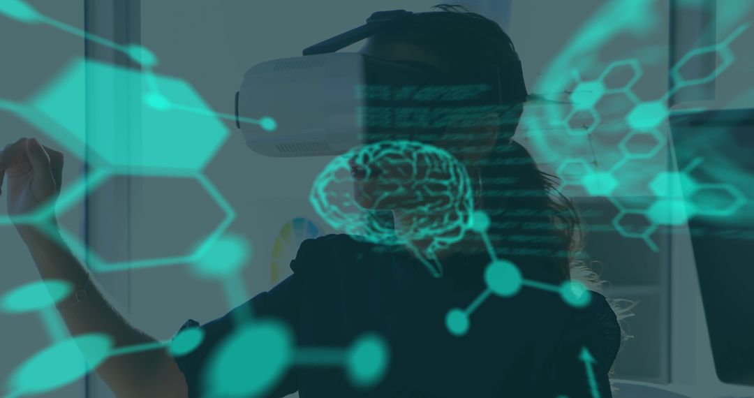 Woman Engaging with Virtual Reality Scientific Data in Office Setting