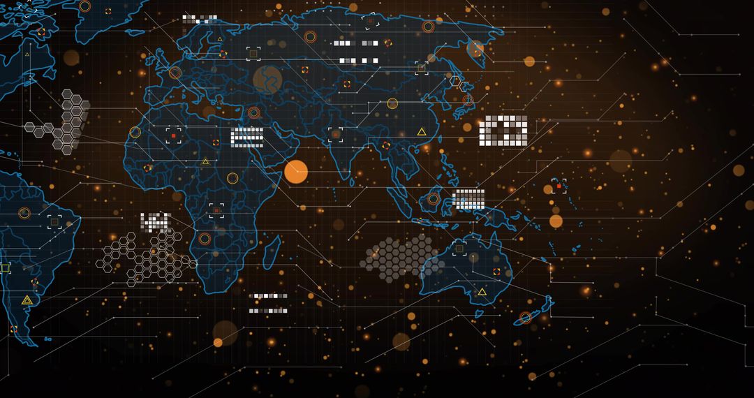 Futuristic World Map Data Visualization with Hex Clusters and Orange Nodes