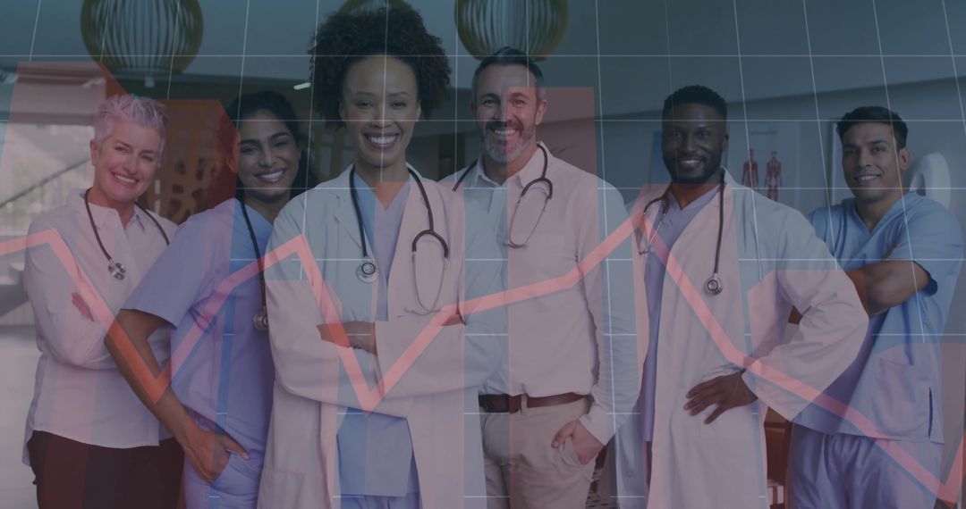 Diverse medical team posing with data analytics overlay showing healthcare growth trend