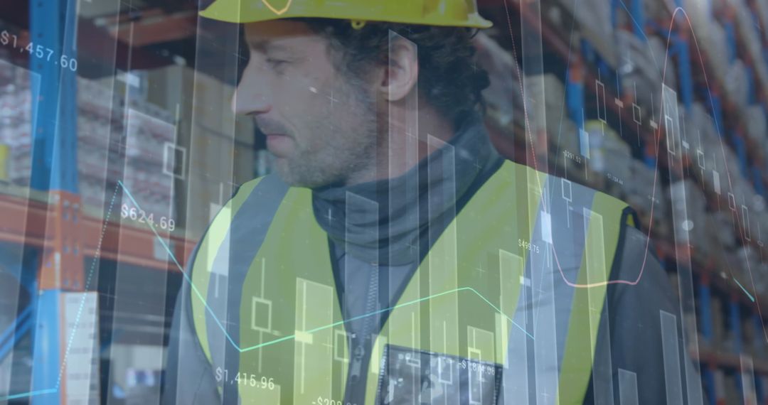 Warehouse Worker Analyzing Financial Data, Merging Stocks and Logistics