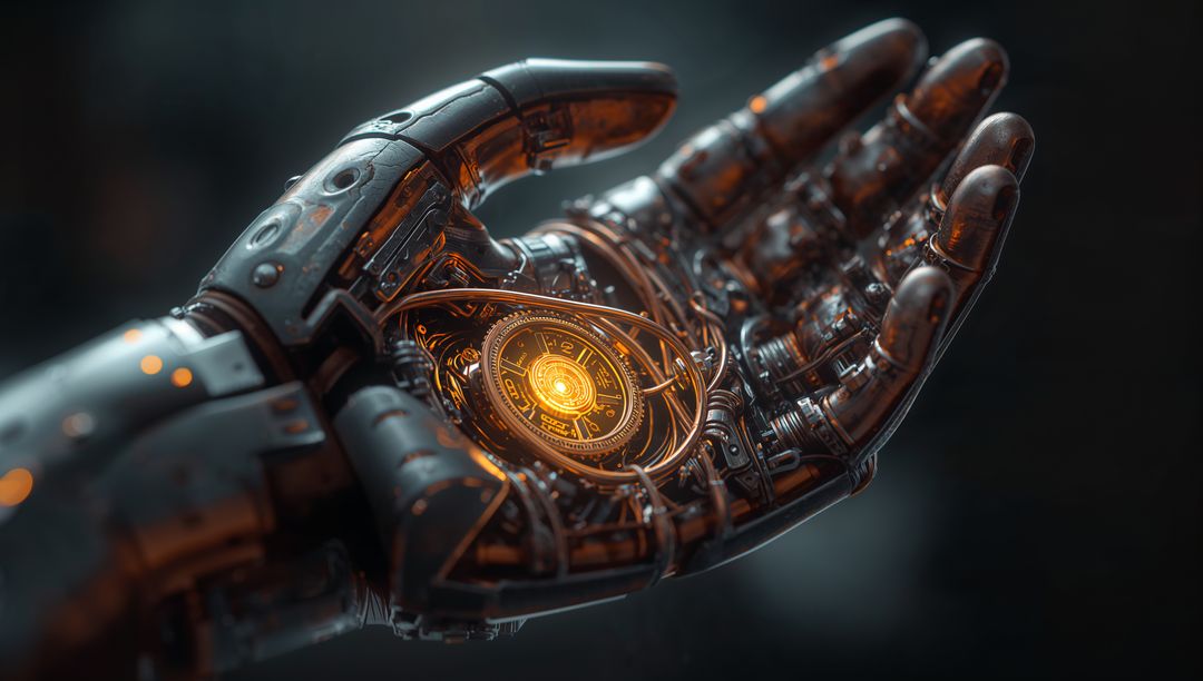 Robotic hand holding glowing clockwork core with exposed wiring, chrome gears showcasing AI energy