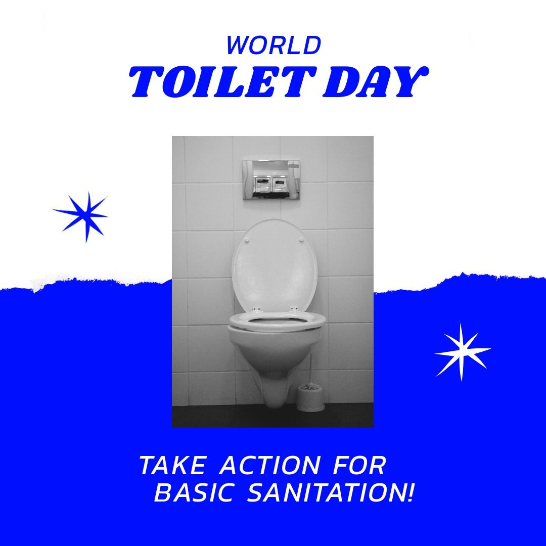 Square image of world toilet day and sanitation text and toilet in bathroom on blue and white - Download Free Stock Templates Pikwizard.com