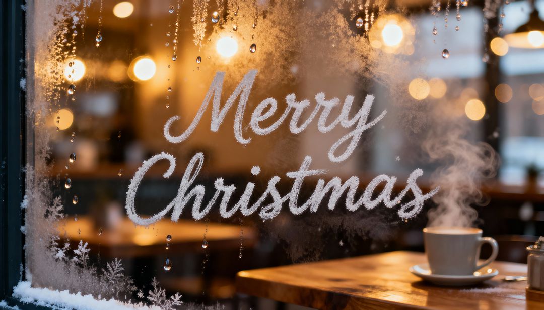 Merry Christmas on Frosted Cafe Window with Steaming Coffee and Warm Bokeh Lights