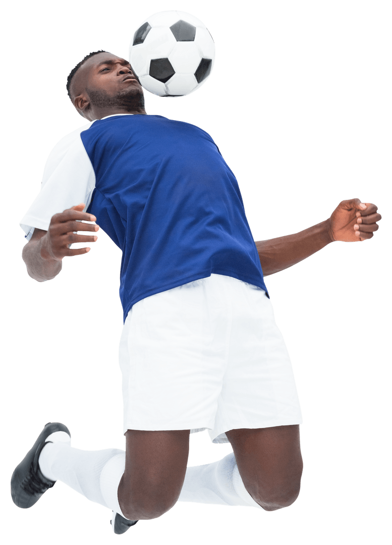 Dynamic Football Player Jumping with Soccer Ball on Transparent Background