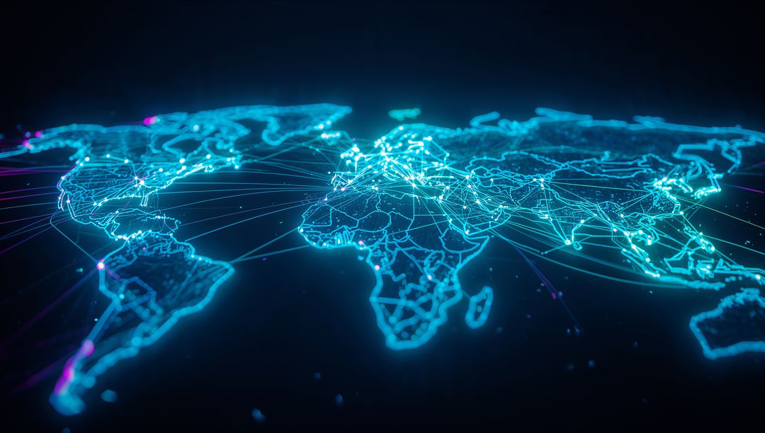 Futuristic Neon World Map Showing Network Connections and Nodes
