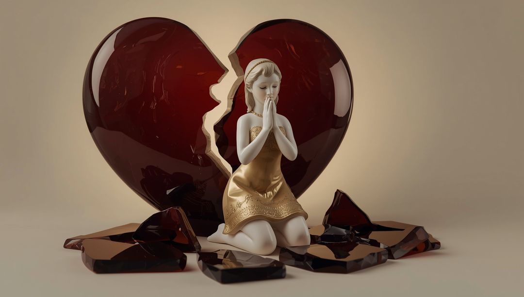 Porcelain Statue in Gold Before Broken Heart, Reflecting Emotion and Art