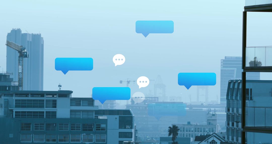 Digital Communication Concept with Cityscape and Speech Bubbles