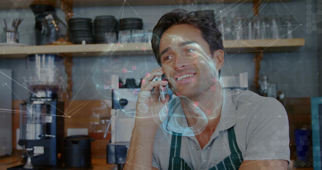 Happy Barista Behind Cafe Counter with Futuristic Neural Overlay
