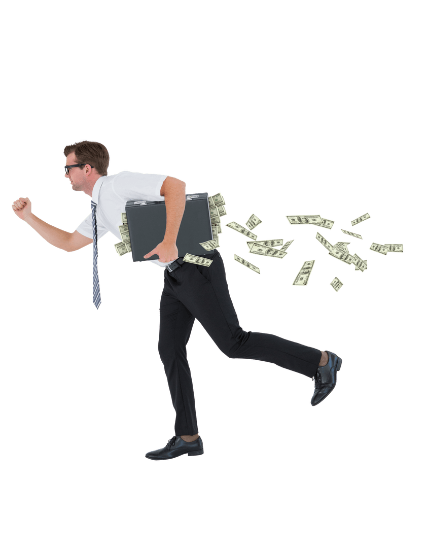 Running Businessman with Banknotes on Transparent Background