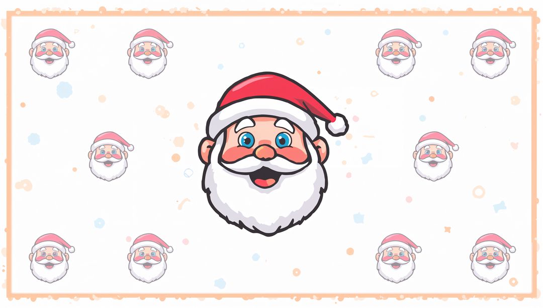 Smiling Santa Face Center with Repeating Mini Santa Pattern and Pastel Confetti Border
