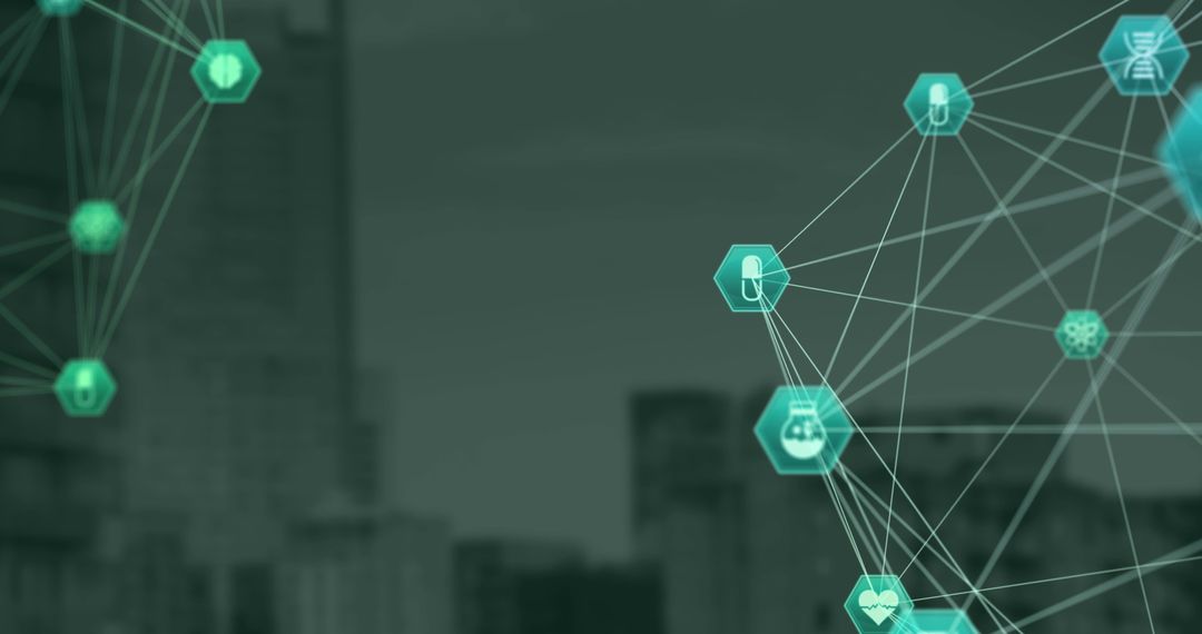 Digital Networking Icons Overlayed on Cityscape