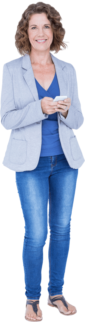 Smiling Middle-Aged Businesswoman Holding Smartphone on Transparent Background
