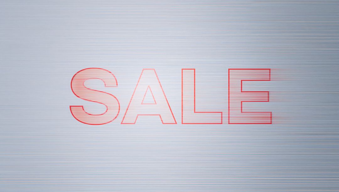 Minimalist red outlined SALE on brushed metal with cyan chromatic offset and glitch effect