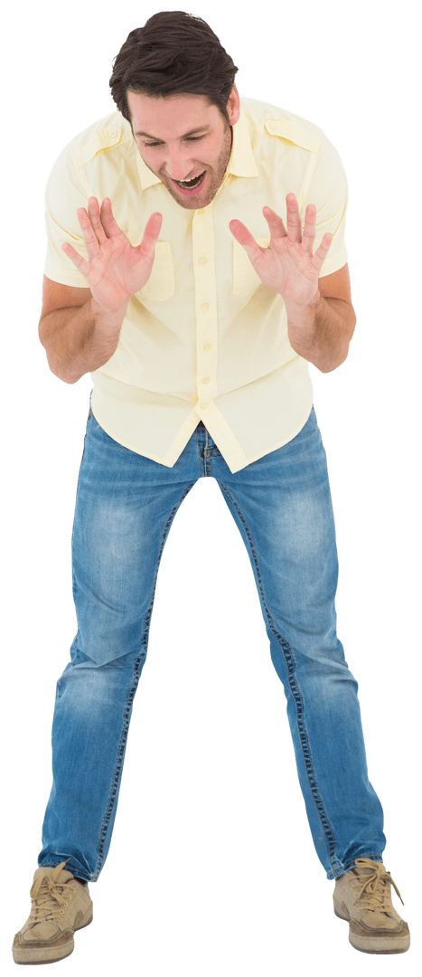 Angry Man Pointing and Yelling at Ground on Transparent Background