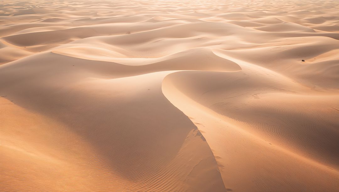 Golden desert dunes flowing under sunrise light with soft ripples and long shadows