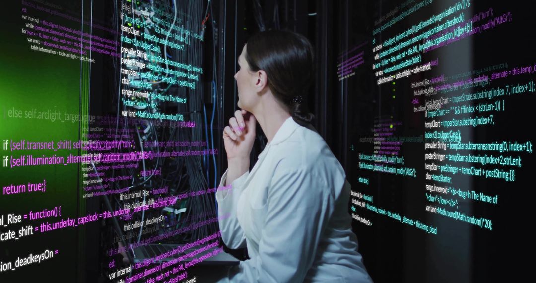 Female Technician Analyzing Code in Data Center Environment