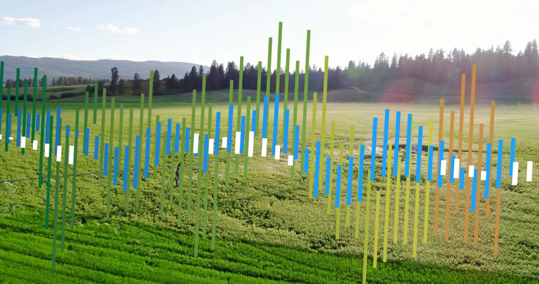 Digital Data Visualization on Rural Agricultural Landscape at Sunrise