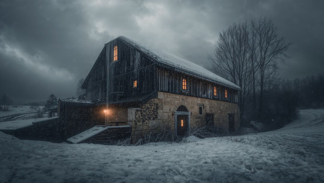 Moody Snowy Barn with Warm Lit Windows and Lantern at Dusk Winter Rural Night Farmstead