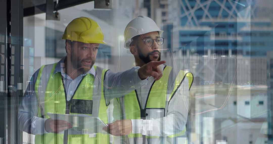 Architects Analyzing Construction Site with Digital Overlay
