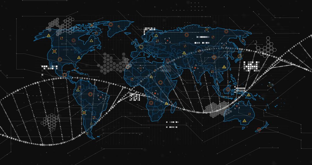 DNA Strands Overlay on Digital World Map for Scientific Research