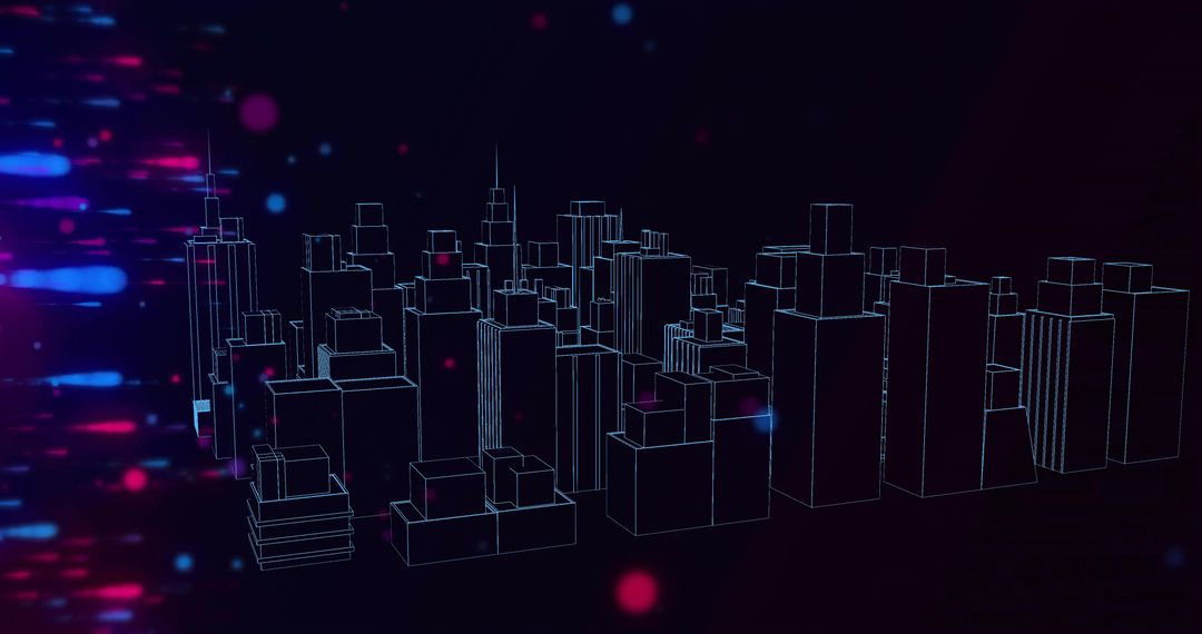 Neon Wireframe City Skyline in Futuristic Cyber Grid with Glowing Bokeh