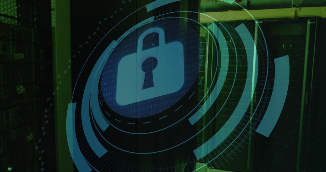 Cybersecurity Lock Icon Over Server Room Interface Background