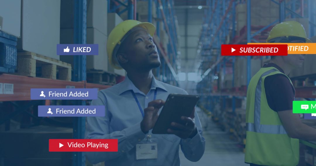 Warehouse Worker Inspecting Inventory with Tablet and Hard Hat for Digital Logistics