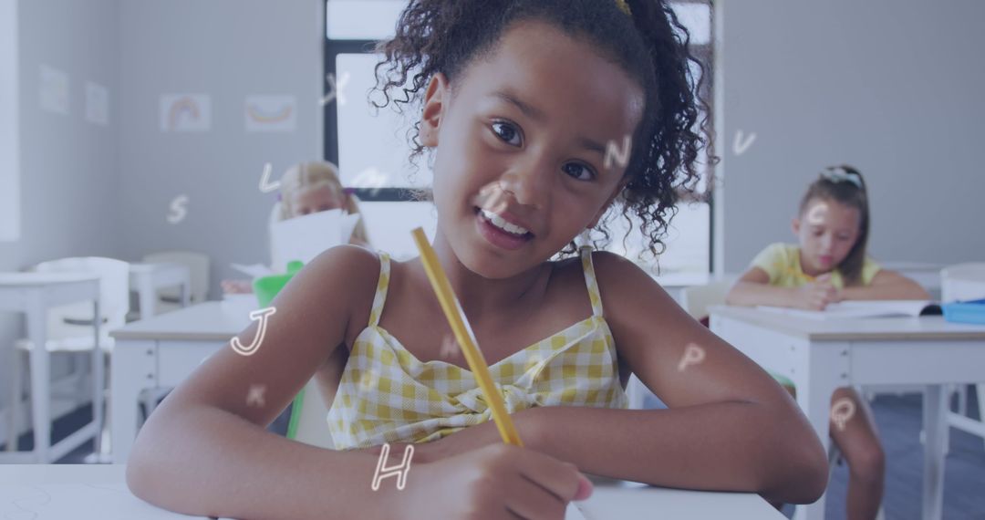 Happy Student Enthusiastically Writing in Classroom