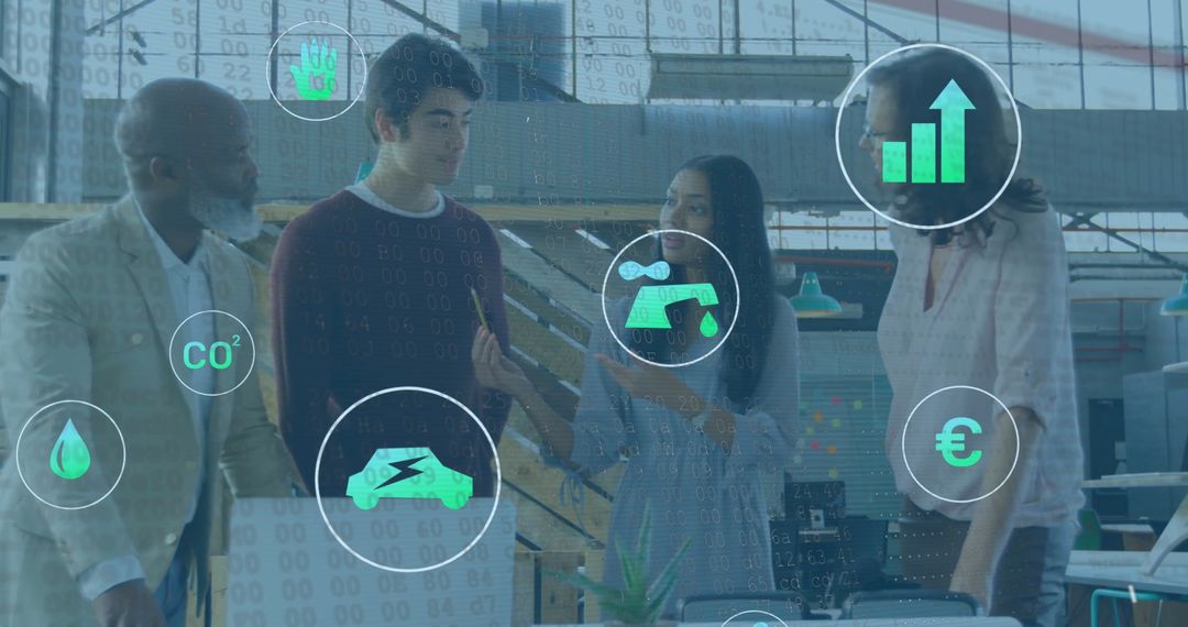 Diverse Professionals Collaborating with Eco-Friendly Icons