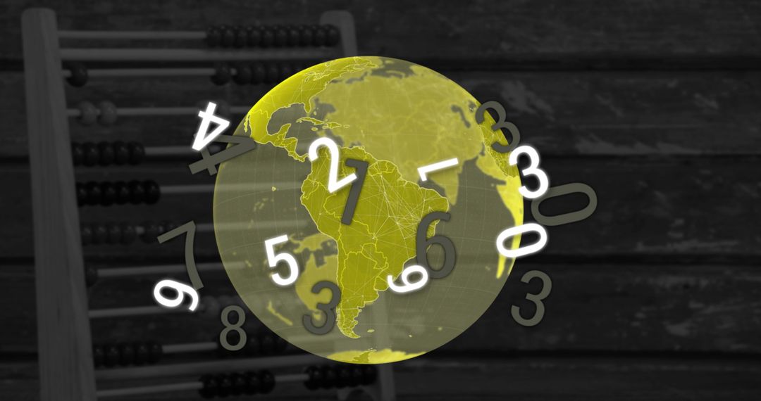 Digital Numbers Circling Earth Glowing with Abacus in Background