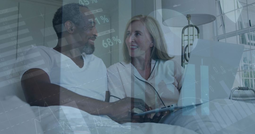 Couple Enjoying Tech Time in Bed with Overlaid Infographic