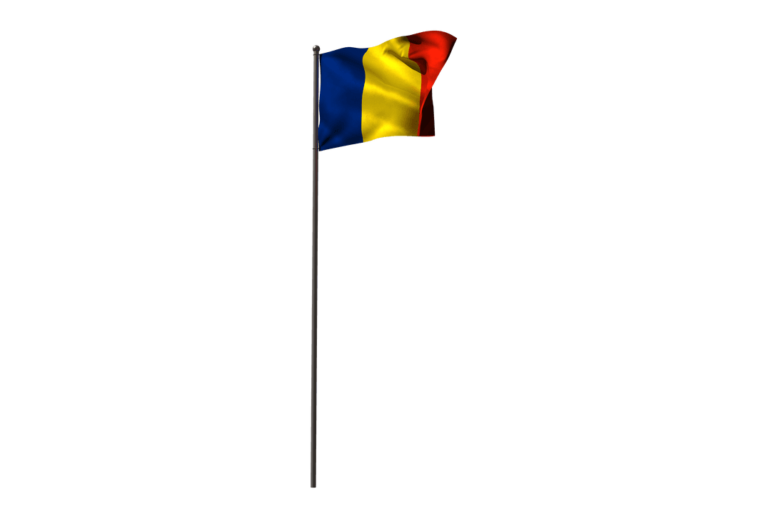 Transparent Romanian Flag Waving on Tall Flagpole