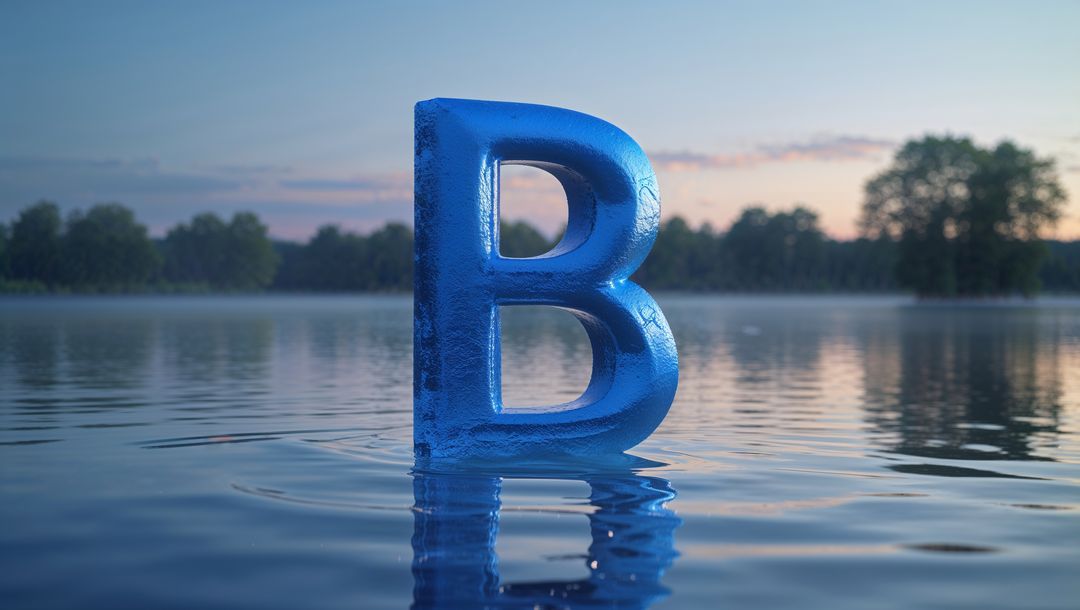 Blue 3d capital letter b in dawn lake reflecting sky and trees